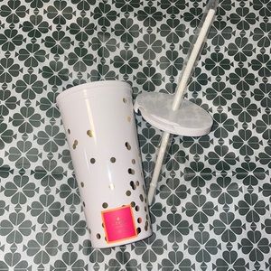 Kate Spade white/gold dot insulated tumbler cup with straw New